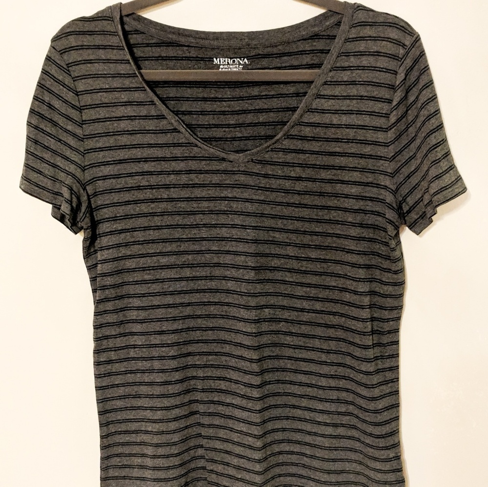 Gray/Black Striped V-Neck Tee